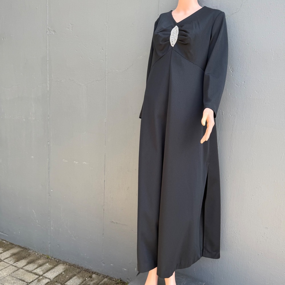 Vintage 70s Black Maxi Dress Beaded V-Neck Long Sleeve Formal Gown Size L 1970s